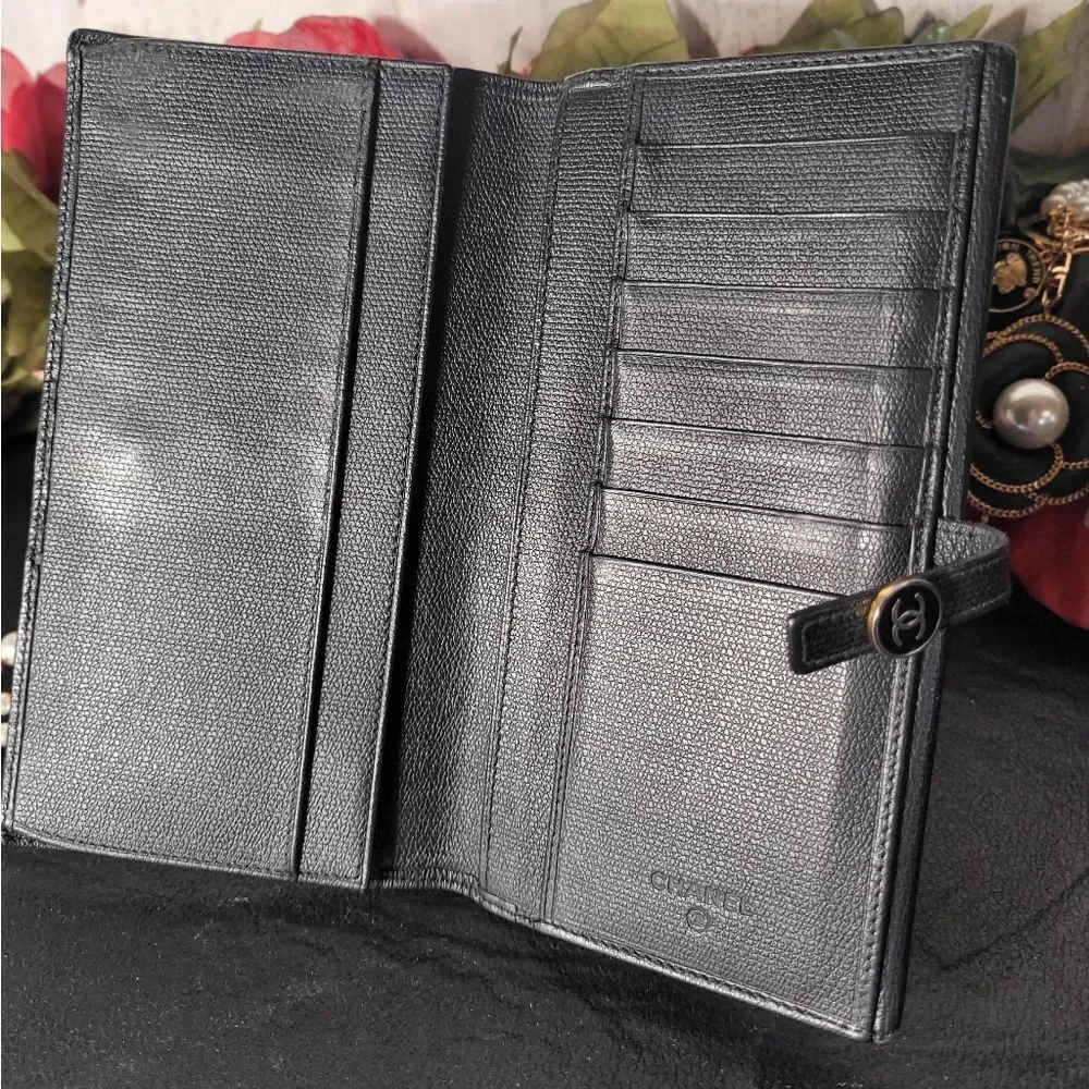 Chanel Calfskin Button Line CC Logo Long Flap Wallet with Dust Bag With COA